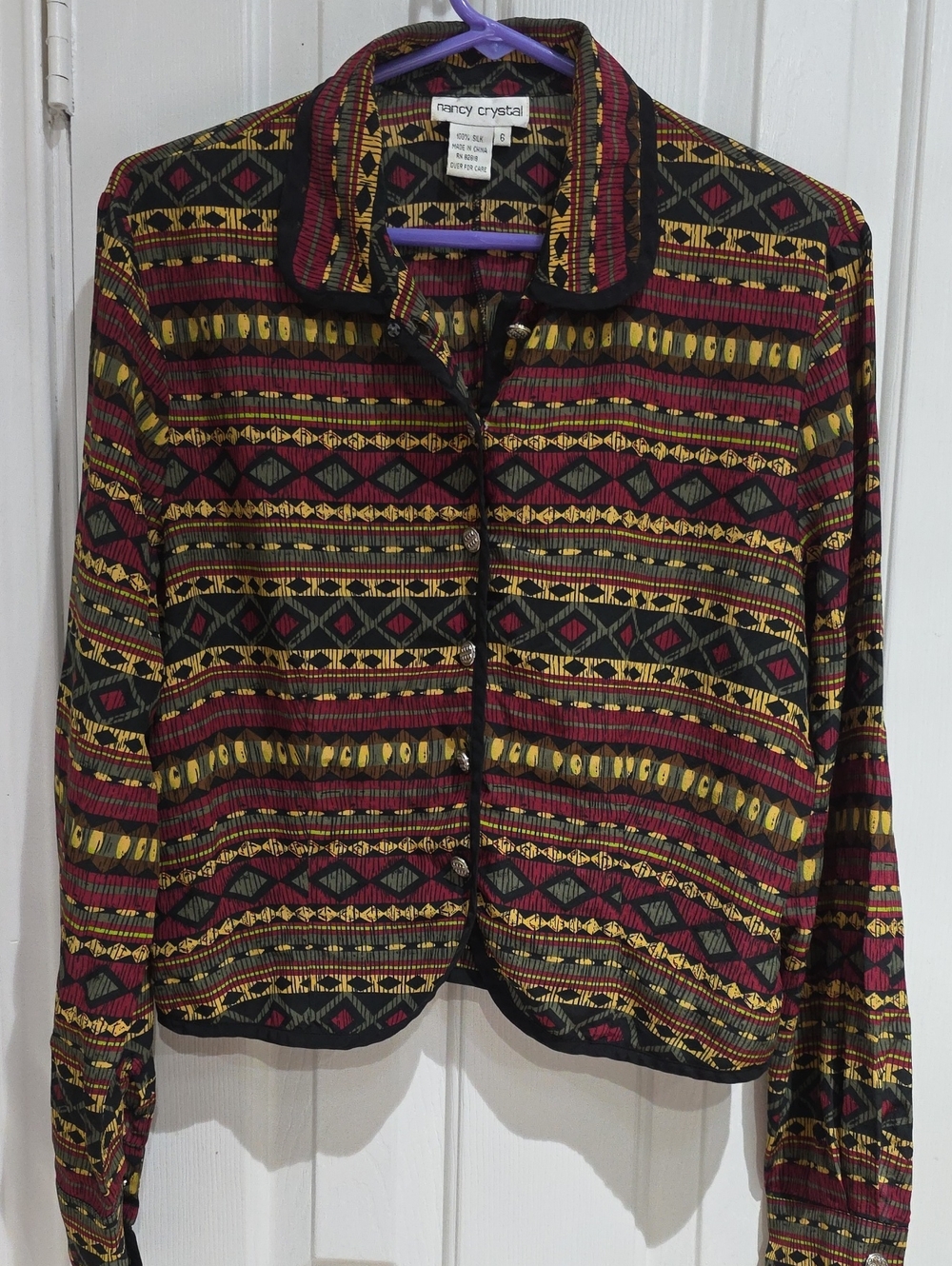 Nancy Crystal Vtg.Rare Button-Up Jacket -100% Silk Burgundy, Black & Gold Sz.6